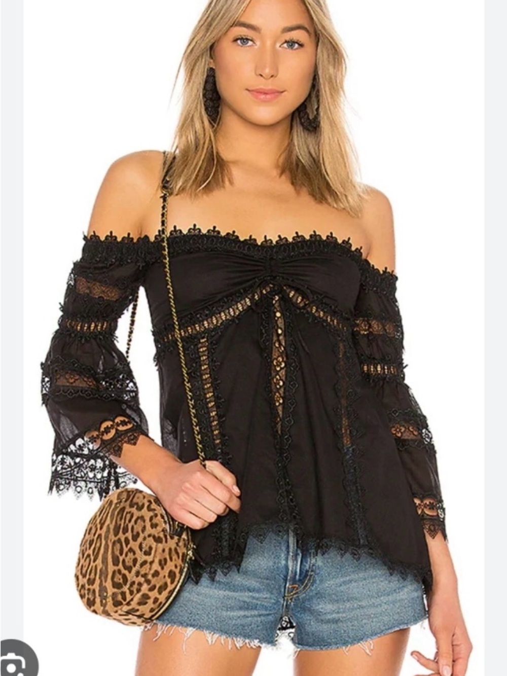 Charo Ruiz Black Off-the-Shoulder Lace Peasant Blouse
